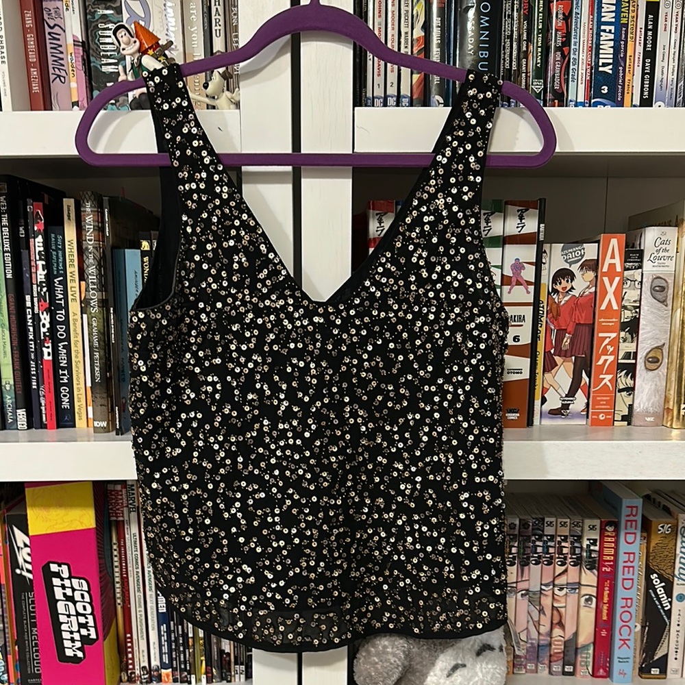 Black with Gold Sequin Sleeveless Tank Top
